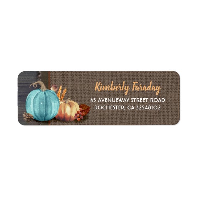 Orange Blue Pumpkins Rustic Fall Party Label (Vorne)