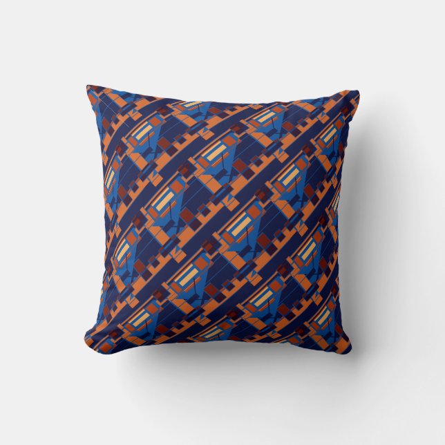 Orange Blue Rust Navy Diagonal Rows Art Design Kissen (Vorderseite)
