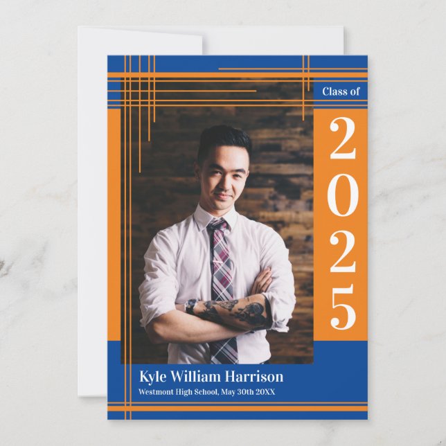 Orange Blue School Color Abschluss Foto Kariert Einladung (Vorderseite)
