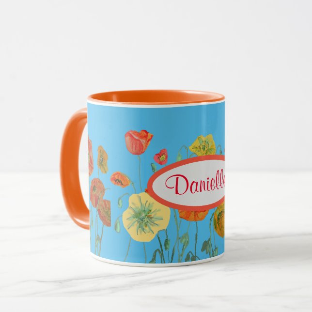 Orange Blue Shabby Poppy Poppies Wasserfarbene Tas Tasse (Vorderseite Links)