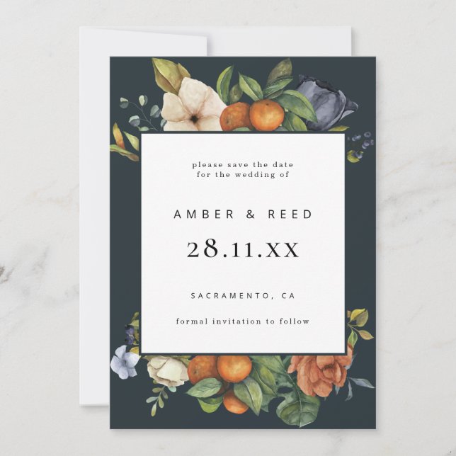 Orange Blue Summer Floral Botanic Boho Save The Date (Vorderseite)