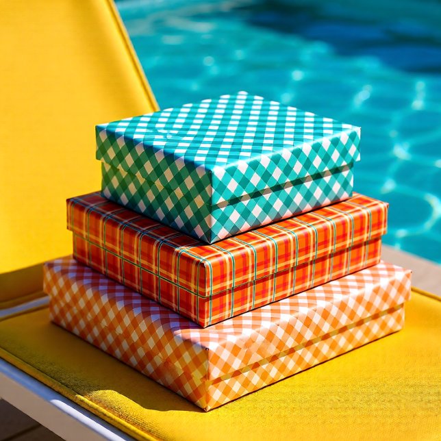 Orange & Blue Tartar kariertes Set im Sommer 3 Geschenkpapier Set (Bright Orange and Teal Picnic Plaid Classic Summer Wrapping Paper Sheets)