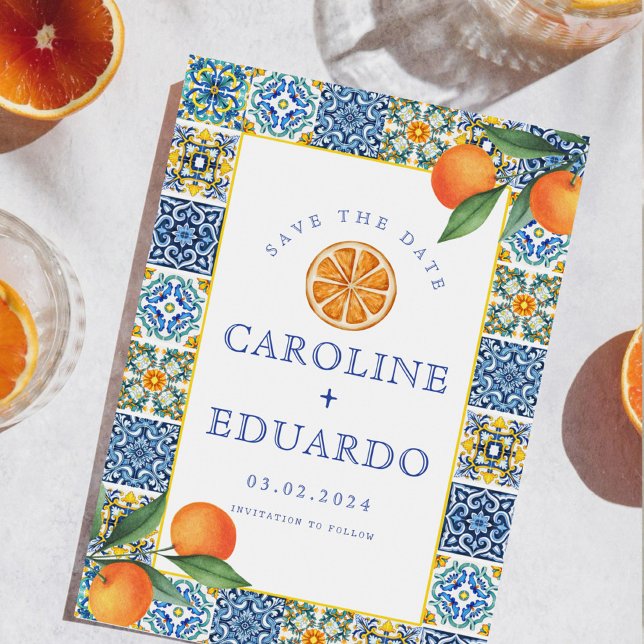 Orange Blue tile Mediterranean Wedding QR Code Save The Date (Von Creator hochgeladen)