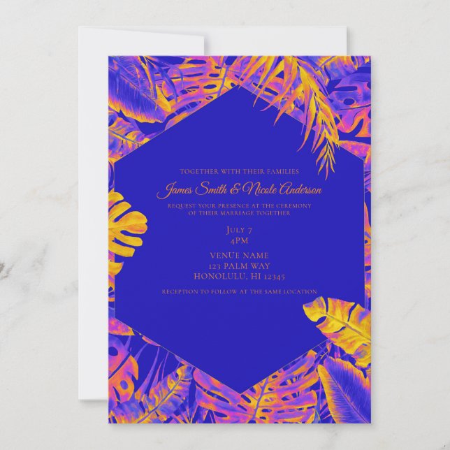 Orange Blue Tropical Palm Blätter Hochzeiten Einladung (Vorderseite)