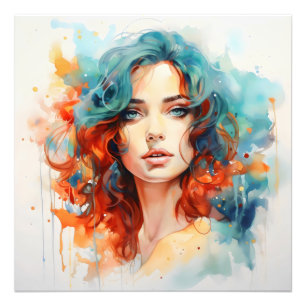 Orange Blue Watercolor Woman Fotodruck