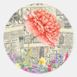 Orange Blume, Aquarell, Alte Zeitungen Runder Aufkleber