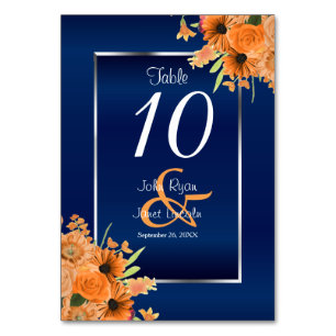 Orange Blume auf Navy Blue - Table Card Tischnummer