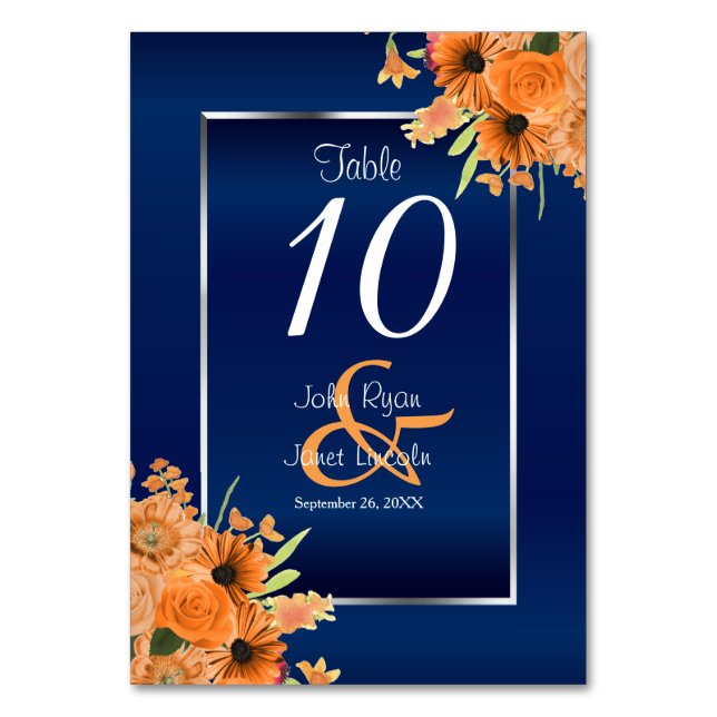 Orange Blume auf Navy Blue - Table Card Tischnummer (Vorderseite)