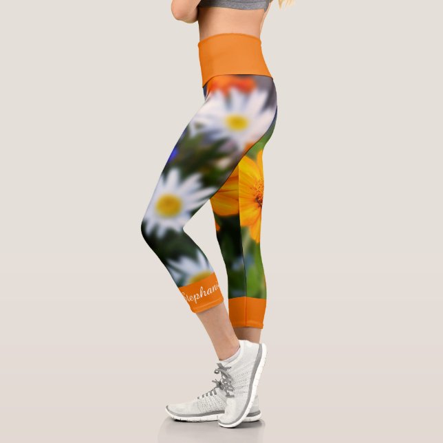 Orange Blume Bloral Personalisiert Name Capri Leggings (Links)