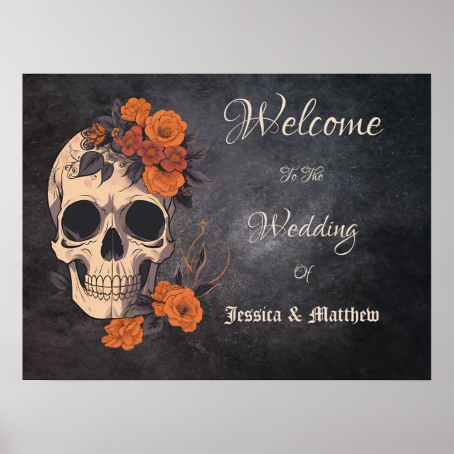 Orange Blume Blumen Skull Elegante Hochzeit Poster (Vorne)