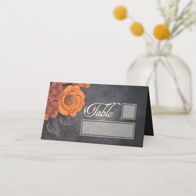 Orange Blume Eleganter Tisch und Name Ort Platzkarte (Vorderseite)