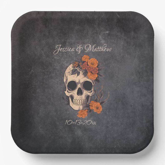 Orange Blume Elegantes Skull Minimalistische Hochz Pappteller (Vorderseite)
