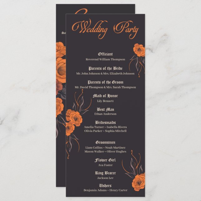 Orange Blume Gothic Minimalist Hochzeitsprogramm Einladung (Vorne/Hinten)