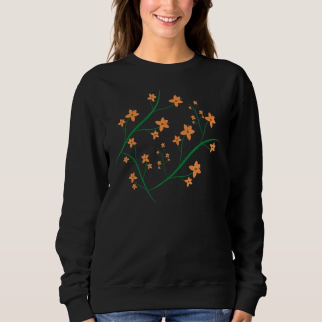 Orange Blume Grüne Branchen Grafikdesign Sweatshirt (Vorderseite)
