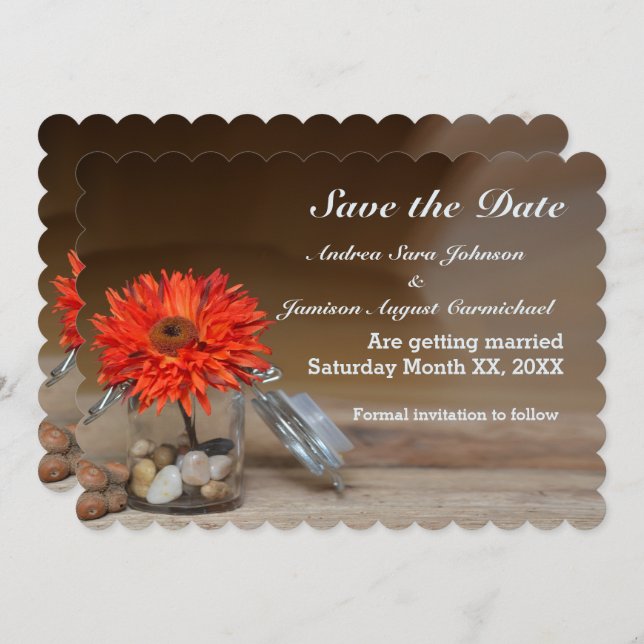 Orange Blume in Mason Jar Save the Date Einladung (Vorne/Hinten)