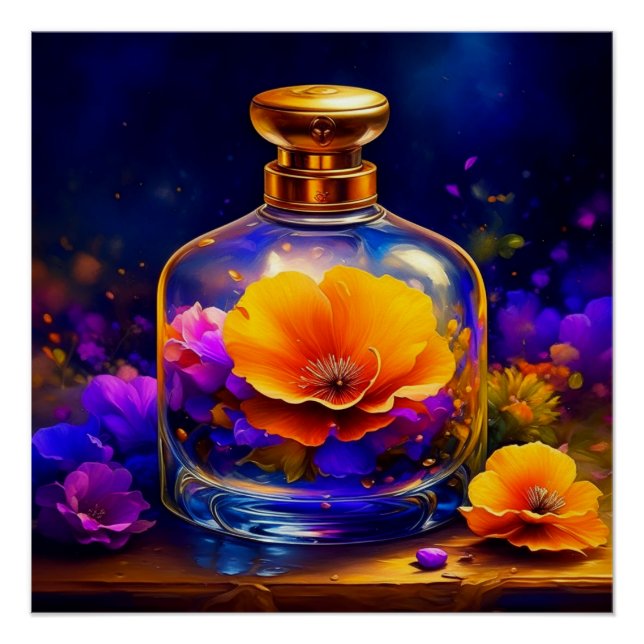 Orange Blume Lila Parfüm Flasche Poster (Vorderseite)