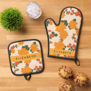 Orange Blume, Muster von Blume, Ihr Name Ofenhandschuh & Topflappen-Set