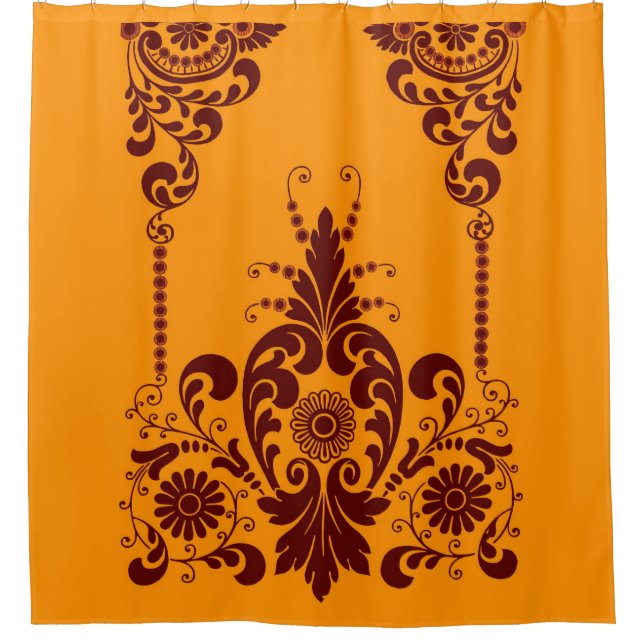 orange Blumen und Schnörkel Druck Duschvorhang (Vorderseite)