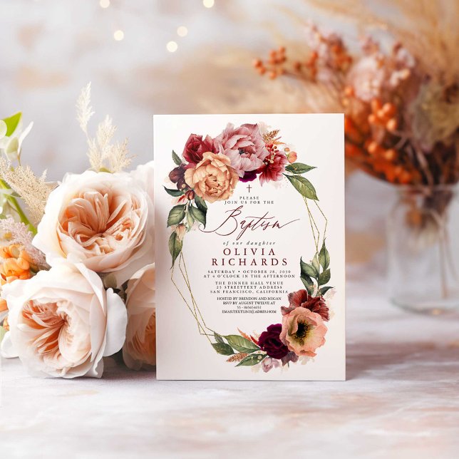 Orange Blush Burgundy Red Floral Fall Baptisse Einladung (Fall Baptism Invitations)