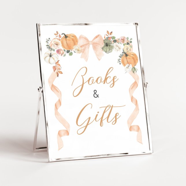 Orange Bogen Kürbis Baby Shower Bücher und Geschen Poster (Orange Pumpkin Baby Shower Books and Gifts Sign)