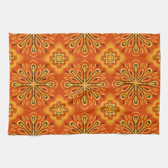Orange Boho Abstrakte Blume Muster dekorativ Geschirrtuch (Horizontal)