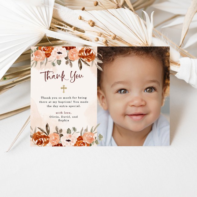 Orange Boho | Aquarellblau-Taufbecken-Foto Dankeskarte (Von Creator hochgeladen)