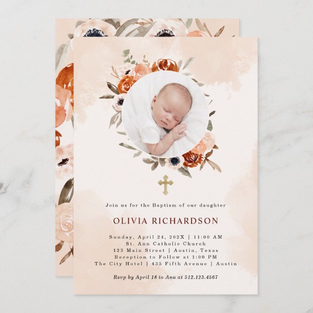 Orange Boho | Aquarellblau-Taufbecken-Foto Einladung (Vorne/Hinten)