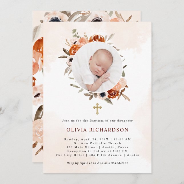 Orange Boho | Aquarelltaufe Foto Einladung (Vorne/Hinten)