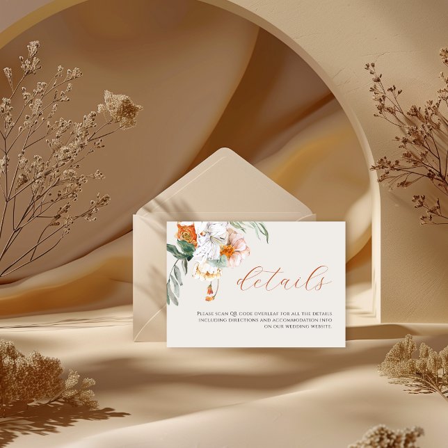 Orange Boho Fall Floral QR Code Hochzeitdetails Begleitkarte (Von Creator hochgeladen)