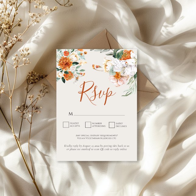 Orange Boho Fall Floral QR Code Wedding RSVP Card Karte (Von Creator hochgeladen)