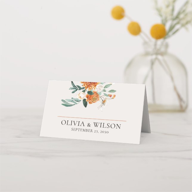 Orange Boho Fall Floral Wedding Platzkarte (Vorderseite)