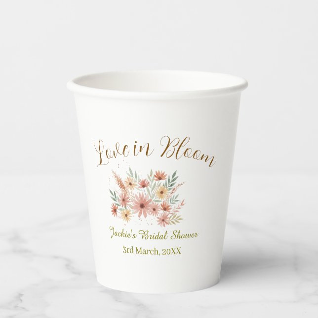 Orange Boho Liebe in Blüte Brautdusche Name Retro Pappbecher (Vorderseite)