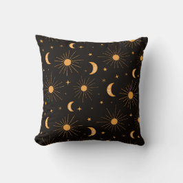 Orange Boho Moon and Sun on Dark Brown Kissen