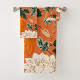 Orange Boho Pumpkin Autumn Floral Pattern Badhandtuch Set