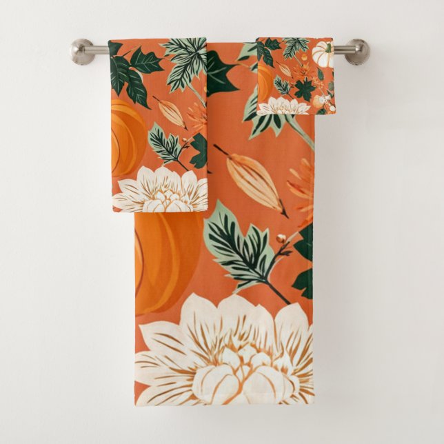 Orange Boho Pumpkin Autumn Floral Pattern Badhandtuch Set (Insitu)