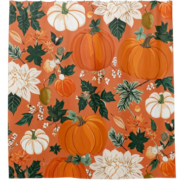 Orange Boho Pumpkin Autumn Floral Pattern Duschvorhang (Vorderseite)