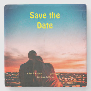 orange boho Save the Date QR Website-Namen phot hi Steinuntersetzer
