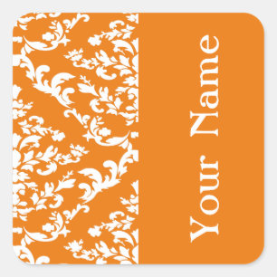 Orange Bold Damask in Emporiomoffa mit Namen Quadratischer Aufkleber