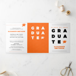 Orange Bold GRADUATE Letters and Cap Abschluss Dreifach Gefaltete Ankündigung