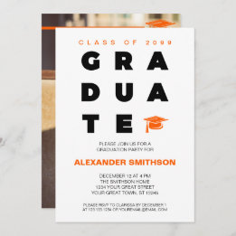 Orange Bold GRADUATE Letters and Cap Abschluss Einladung