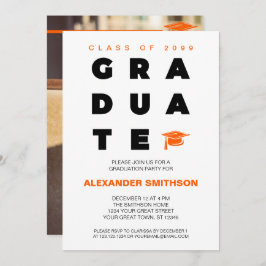 Orange Bold GRADUATE Letters and Cap Abschluss Einladung