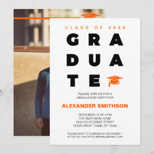 Orange Bold GRADUATE Letters and Cap Abschluss Einladung
