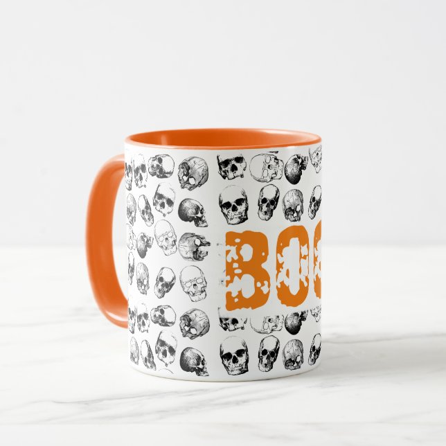 Orange Boo Halloween Gruseliger Totenkopf Muster  Tasse (Vorderseite Links)