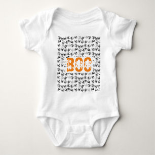 Orange Boo Halloween Spooky Skull Pattern Baby Strampler