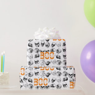 Orange Boo Halloween Spooky Skull Pattern Geschenkpapier