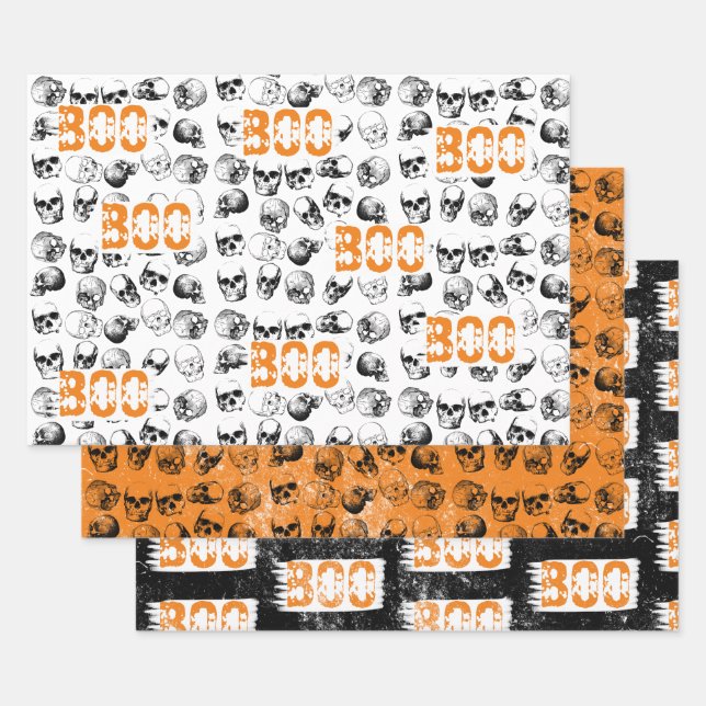 Orange Boo Halloween Spooky Skull Pattern Geschenkpapier Set (Set)