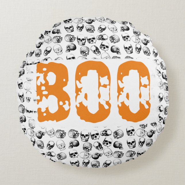 Orange Boo Halloween Spooky Skull Pattern Rundes Kissen (Vorderseite)