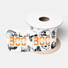 Orange Boo Halloween Spooky Skull Pattern Satinband