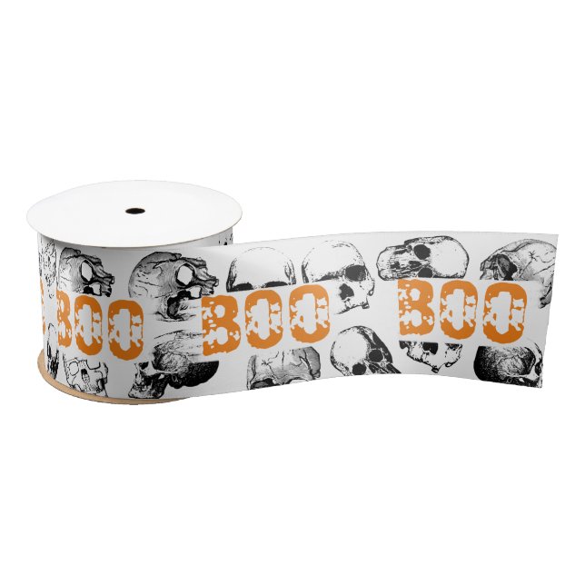 Orange Boo Halloween Spooky Skull Pattern Satinband (Spule)