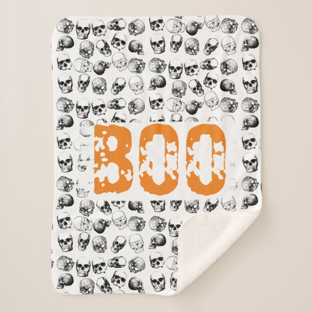 Orange Boo Halloween Spooky Skull Pattern Sherpadecke (Vorderseite)